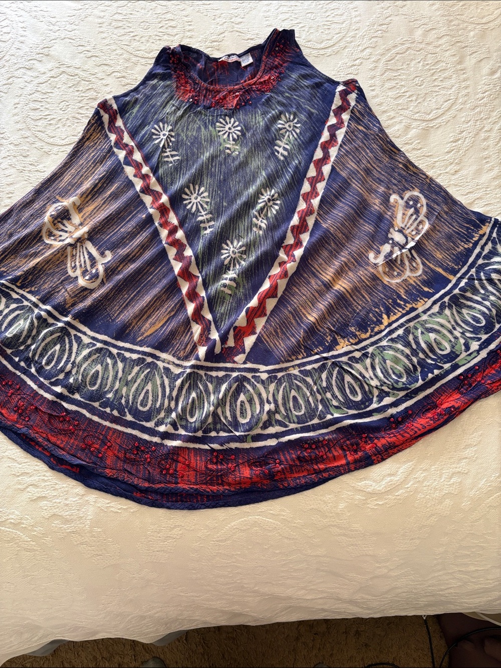 Just Cruising Boho Navy and Red Printed Flared Women's Dress EUC